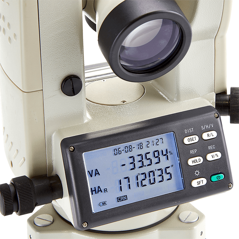 Datum DET05LT Electronic Theodolite has 5" accuracy and a simple set-up with angles shown on a clear LCD dual-sided display.