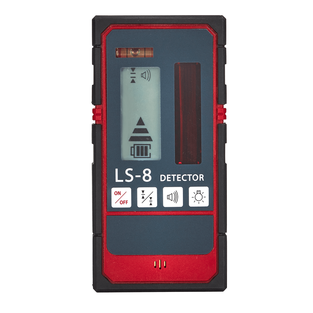 This affordable laser receiver has a dual screen display for front and back beam indication and features an audible buzzer if the display is not clearly visible such as if the detector is high up on a staff.
